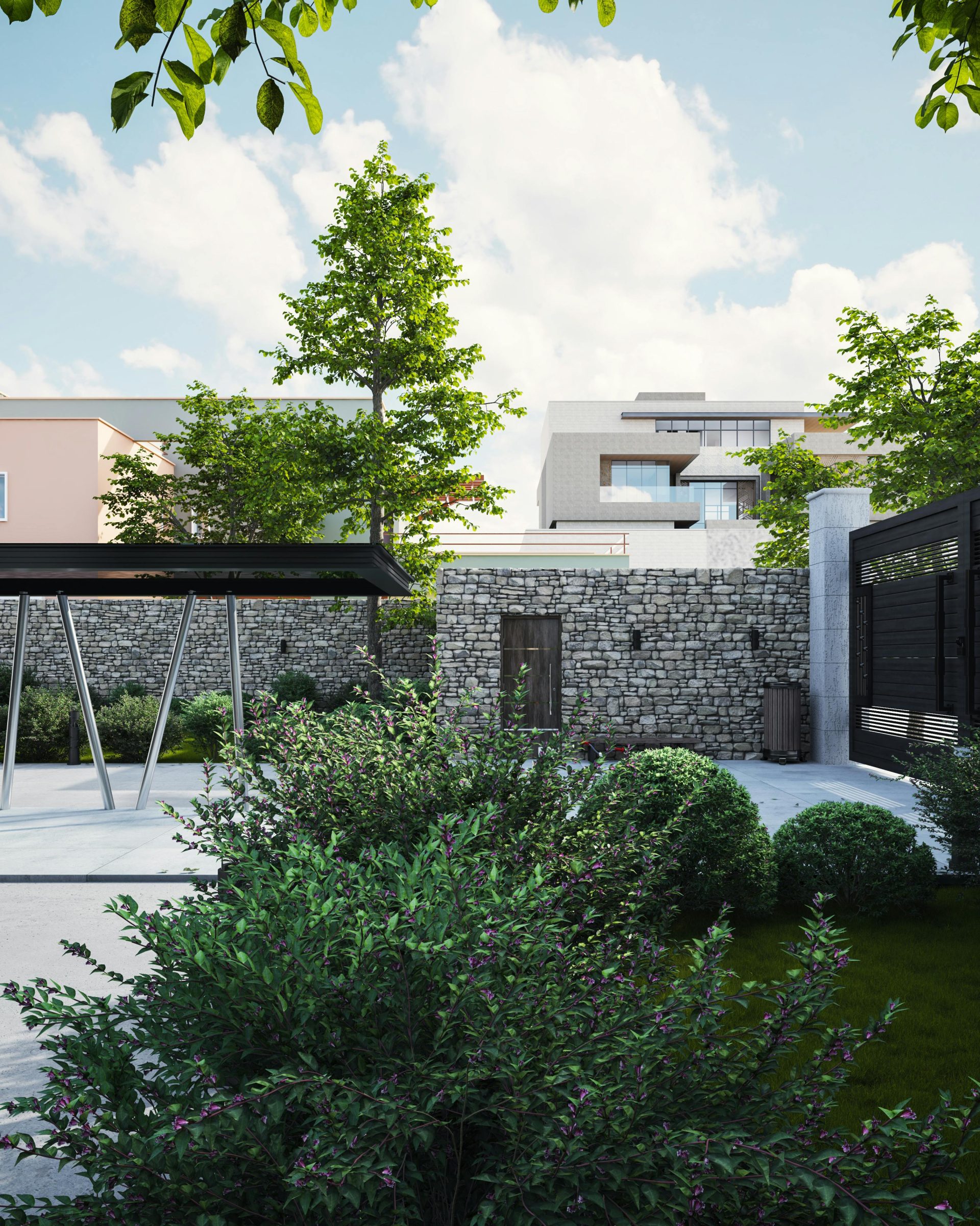 Contemporary suburban exterior view showcasing lush garden and trees.